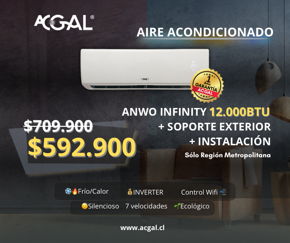 SPLIT MURO INFINITY 12000BTU/h + SOPORTE EXTERIOR + INSTALACIÓN + GARANTÍA 1 AÑO RM